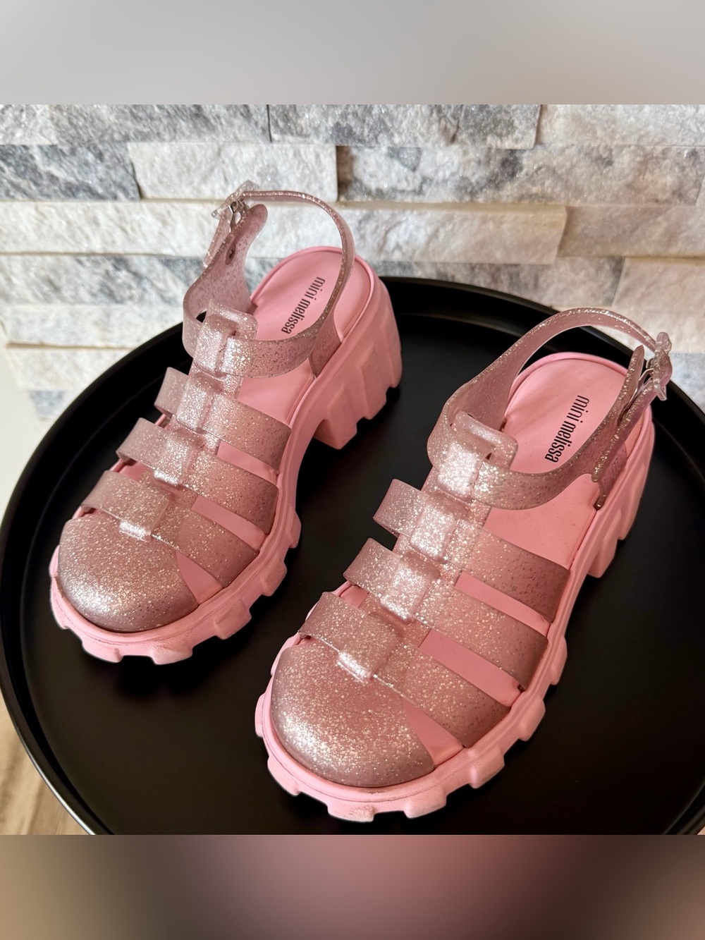 Mini Melissa Glitter Platform Jelly Sandals in Light Pink | Big Girls size 3